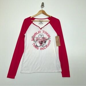 True Religious White/Cherry Crate Logo Large Raglan Henley Shirt. (NWT).
